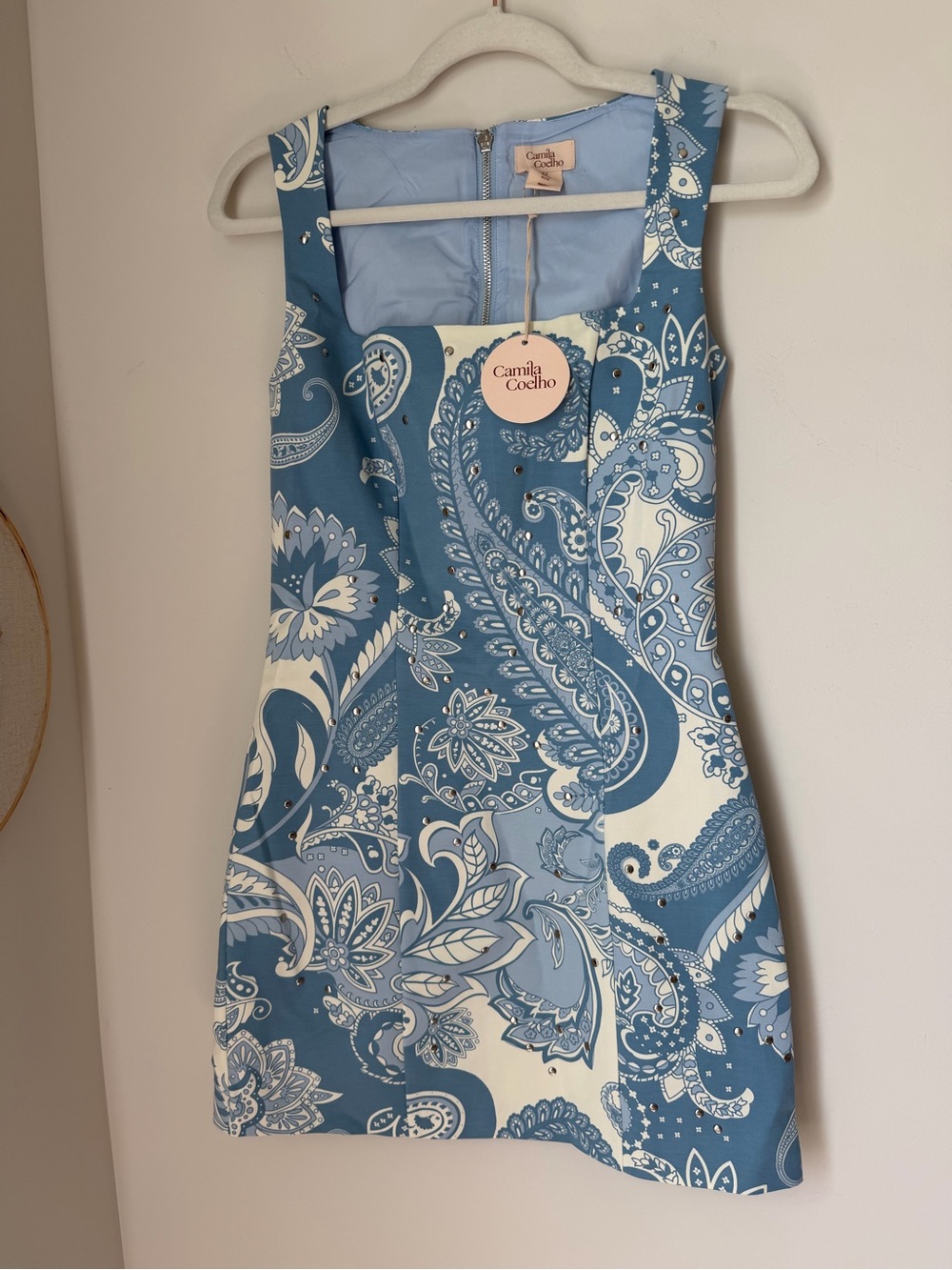 Camila Coelho Blue and white Paisley silver stud Square-Neck cotton Mini Dress - Picture 3 of 8